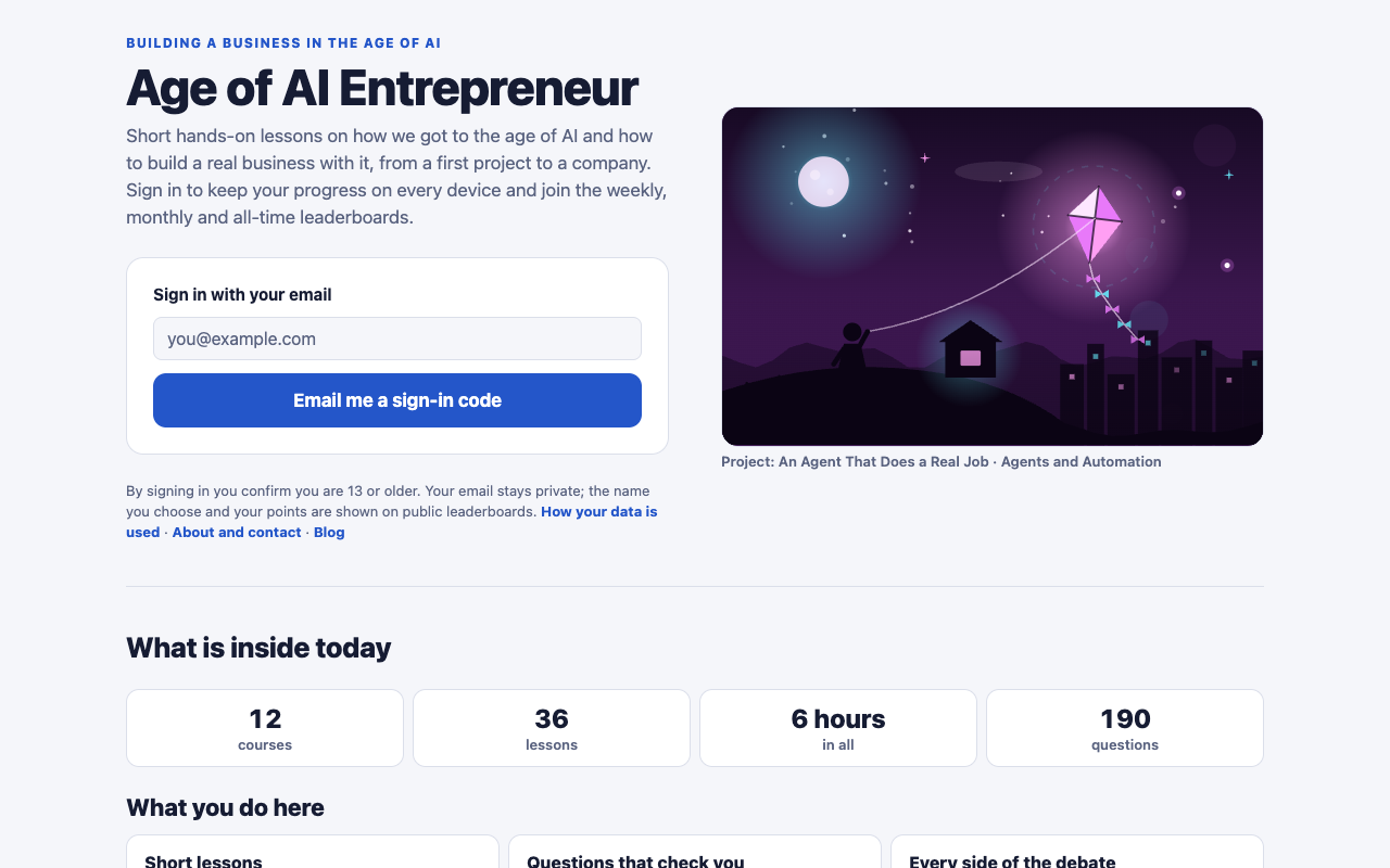 The Age of AI Entrepreneur home page with the email sign-in box and the counts of 12 courses, 36 lessons and 190 questions